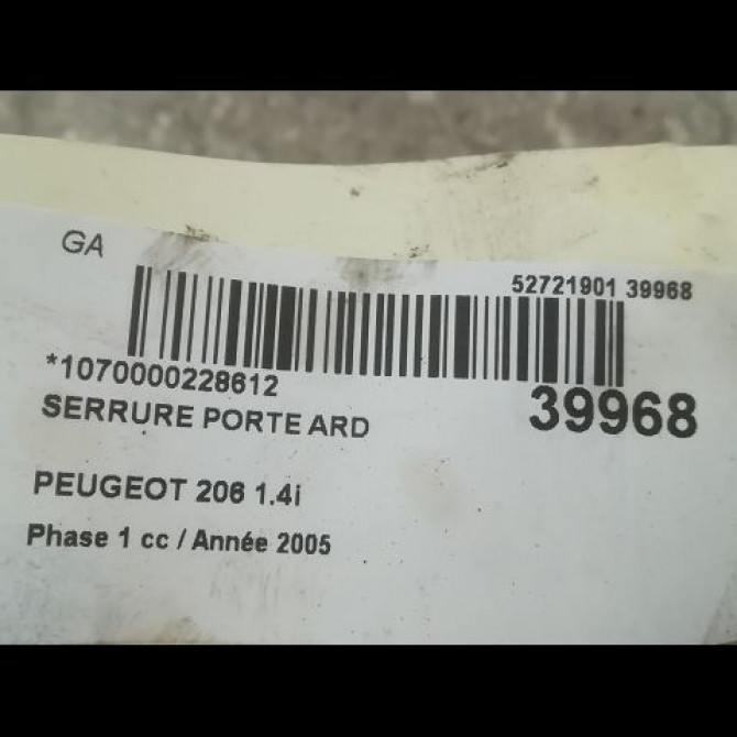 Serrure porte ard occasion PEUGEOT 206 Phase 1 09-1998->03-2009 1.4i 9138G1 3