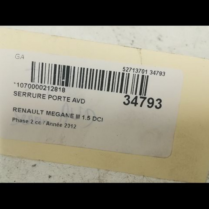 Serrure porte avd occasion RENAULT MEGANE III Phase 2 01-2012->06-2014 1.5 DCI 110ch 805020001R 3