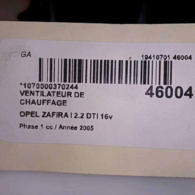 Ventilateur de chauffage occasion OPEL ZAFIRA I Phase 1 03-1999->07-2005 2.2 DTI 16v 125ch 9119001 5
