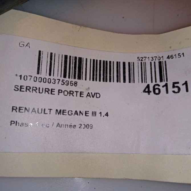 Serrure porte avd occasion RENAULT MEGANE III Phase 1 11-2008->01-2012 1.4 TCE 16v 130ch 805020001R 6