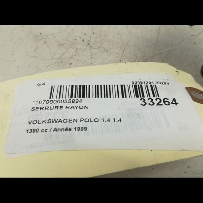 Serrure hayon occasion VOLKSWAGEN POLO III Phase 1 10-1994->11-1999 1.4 6N0827505A 4