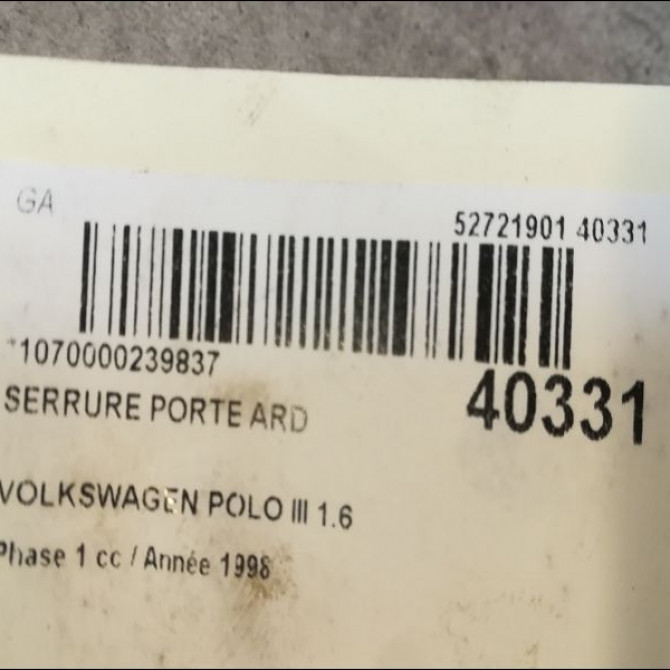 Serrure porte ard occasion VOLKSWAGEN POLO III Phase 1 10-1994->11-1999 1.6 6N4839016B 3