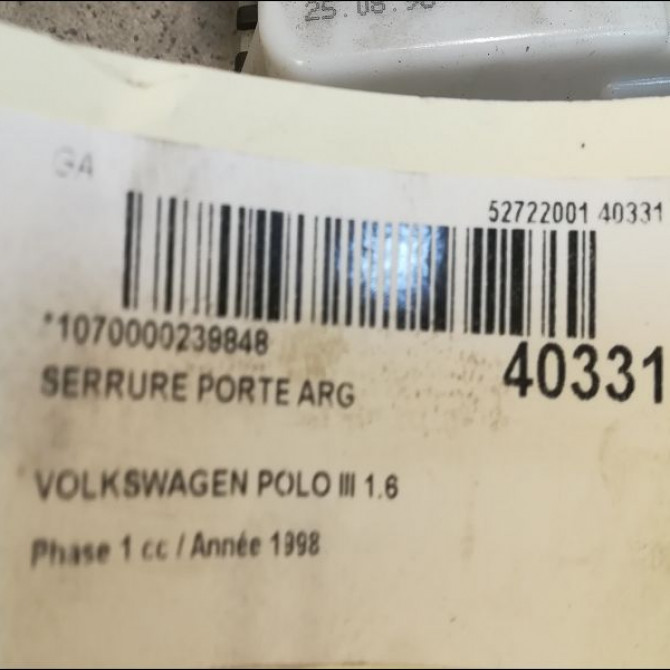 Serrure porte arg occasion VOLKSWAGEN POLO III Phase 1 10-1994->11-1999 1.6 6N4839015B 3