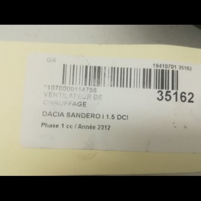 Ventilateur de chauffage occasion DACIA SANDERO I Phase 1 06-2008->10-2012 1.5 DCI 90ch 272106020R 3