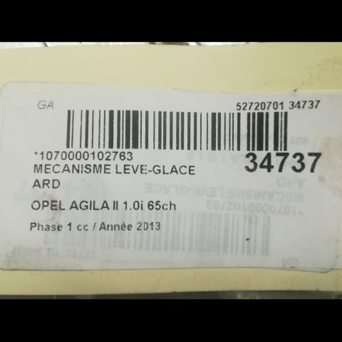Mecanisme leve-glace arrière droit occasion OPEL AGILA II Phase 1 03-2008->12-2014 1.0i 65ch 93193322 4