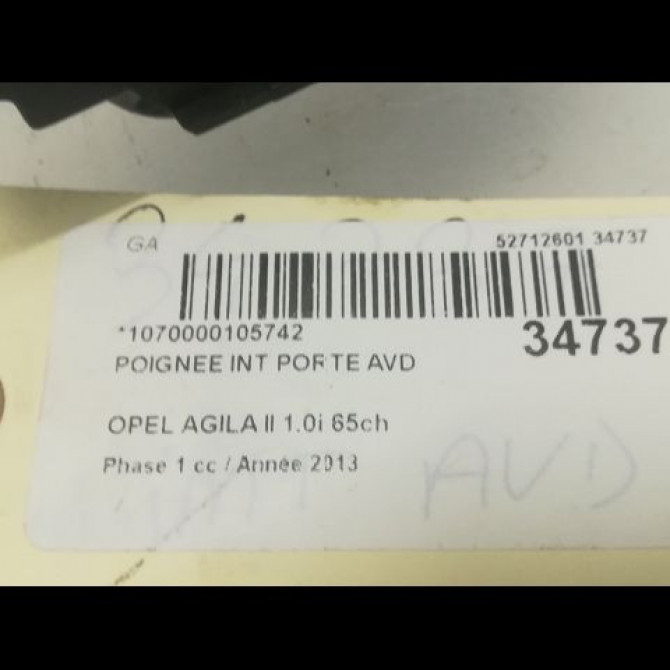 Poignee int porte avd occasion OPEL AGILA II Phase 1 03-2008->12-2014 1.0i 65ch 93195906 3