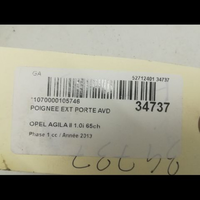 Poignee ext porte avd occasion OPEL AGILA II Phase 1 03-2008->12-2014 1.0i 65ch 95515819 3