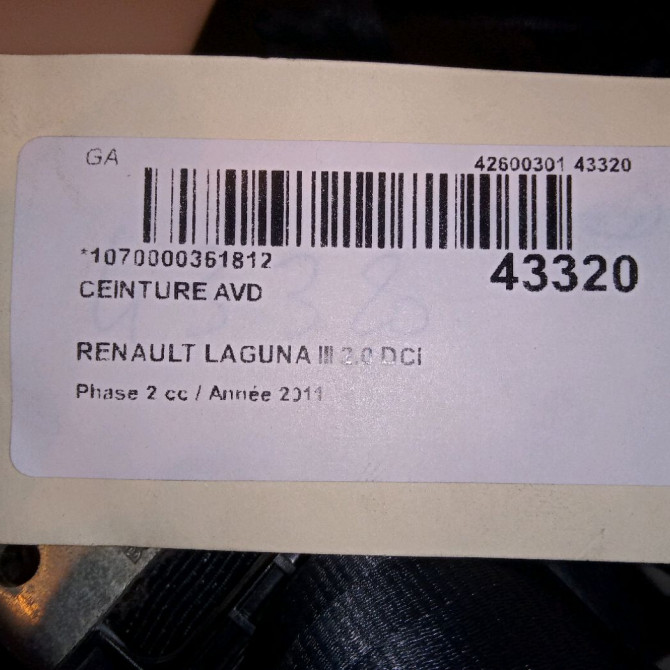 Ceinture avant droite occasion RENAULT LAGUNA III Phase 2 11-2010->03-2013 2.0 DCI 16v 130ch 868841330R 4