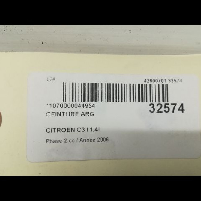 Ceinture arrière gauche occasion CITROEN C3 I Phase 2 10-2005->12-2010 1.4i 8975TX 4