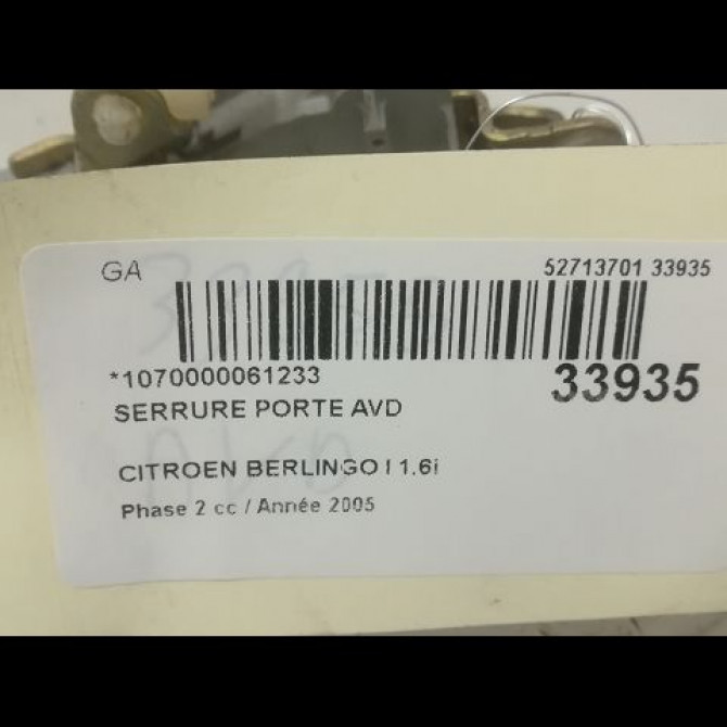 Serrure porte avd occasion CITROEN BERLINGO I Phase 2 11-2002->10-2010 1.6i 110ch 9136J4 4
