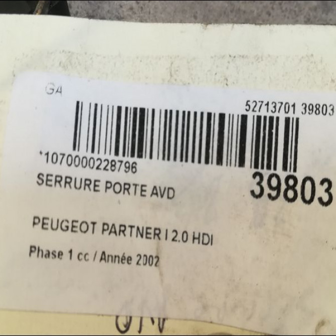 Serrure porte avd occasion PEUGEOT PARTNER I Phase 1 01-1997->12-2002 2.0 HDI 9136J4 3