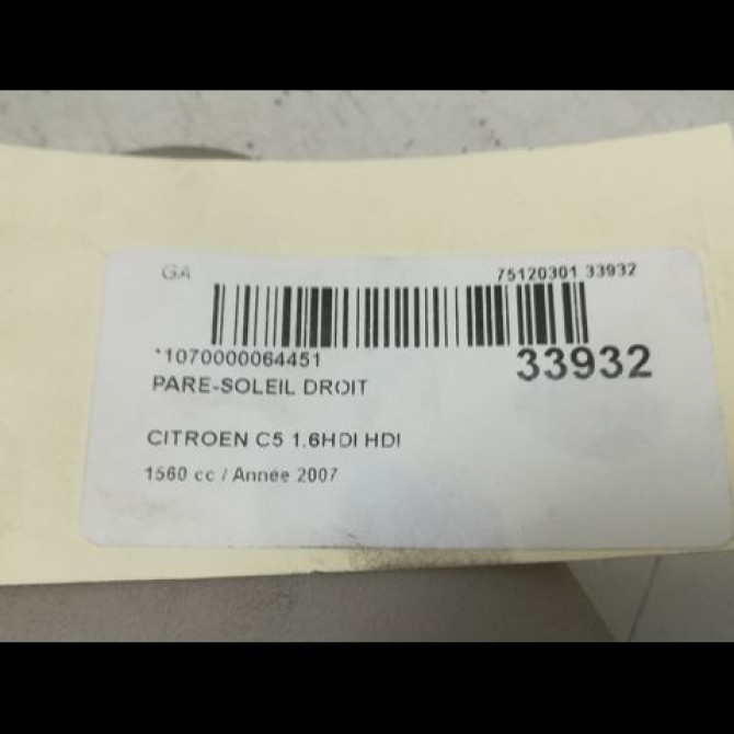 Pare-soleil droit occasion CITROEN C5 I Phase 2 09-2004->06-2008 1.6 HDi 110ch 8143NQ 3