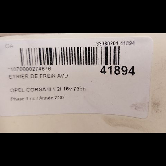 Etrier de frein avant droit occasion OPEL CORSA III Phase 1 10-2000->08-2003 1.2i 16v 75ch 9195987 3
