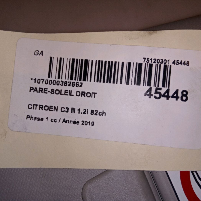 Pare-soleil droit occasion CITROEN C3 III Phase 1 10-2016->... 1.2i 82ch 98100807BJ 3