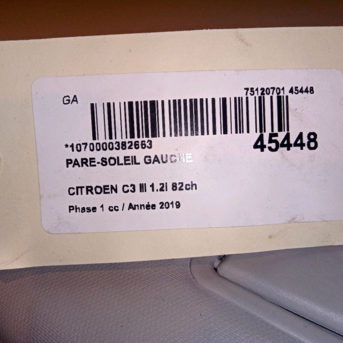 Pare-soleil gauche occasion CITROEN C3 III Phase 1 10-2016->... 1.2i 82ch 96738898BJ 3