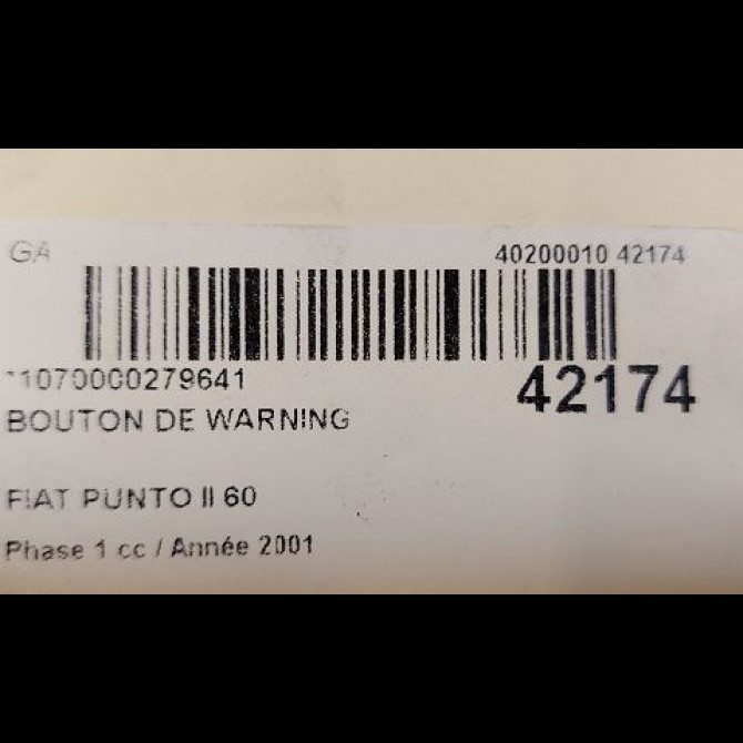 Bouton de warning occasion FIAT PUNTO II Phase 1 10-1999->05-2003 60 3