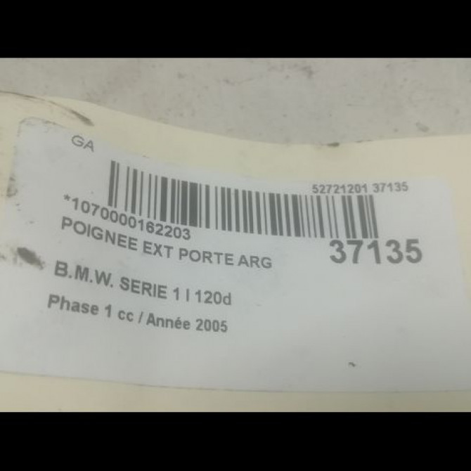 Poignee ext porte arg occasion B.M.W. SERIE 1 I Phase 1 05-2004->12-2006 120d 51217207551 3