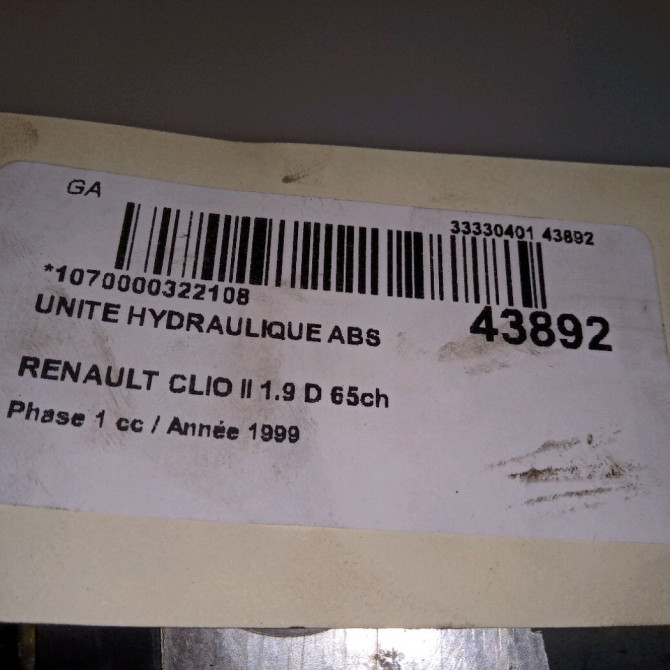 Unité hydraulique ABS occasion RENAULT CLIO II Phase 1 03-1998->06-2001 1.9 D 65ch 7701046407 7