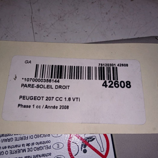 Pare-soleil droit occasion PEUGEOT 207 CC Phase 1 03-2007->... 1.6 VTi 120ch 16064165BJ 3