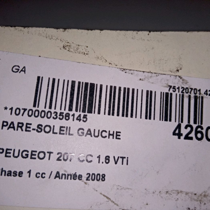 Pare-soleil gauche occasion PEUGEOT 207 CC Phase 1 03-2007->... 1.6 VTi 120ch 16064165BJ 3