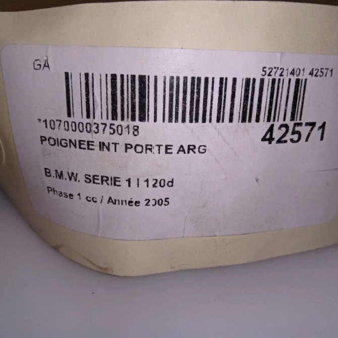 Poignee int porte arg occasion B.M.W. SERIE 1 I Phase 1 05-2004->12-2006 120d 51417157439 4