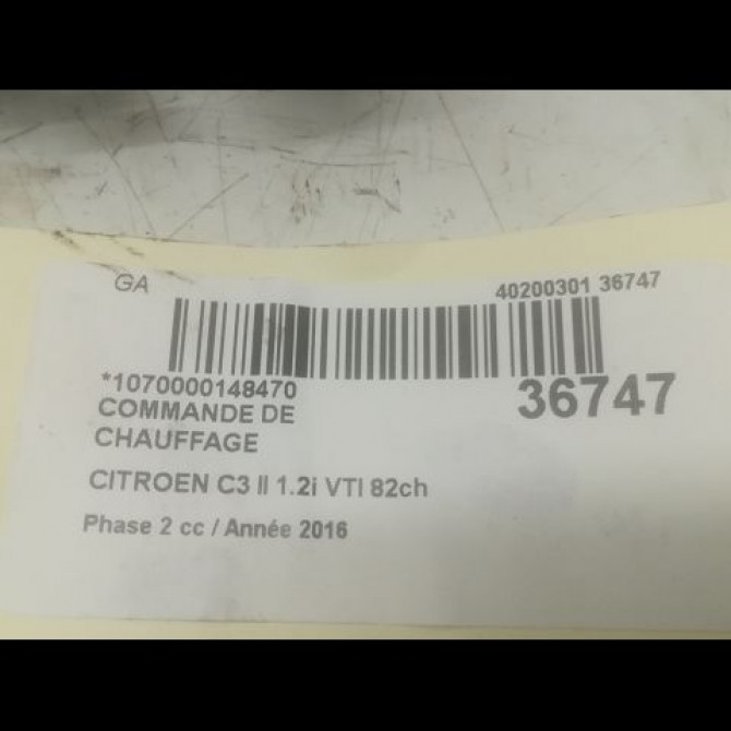 Commande de chauffage occasion CITROEN C3 II Phase 2 03-2013->12-2016 1.2i VTI 82ch 9675400280 3