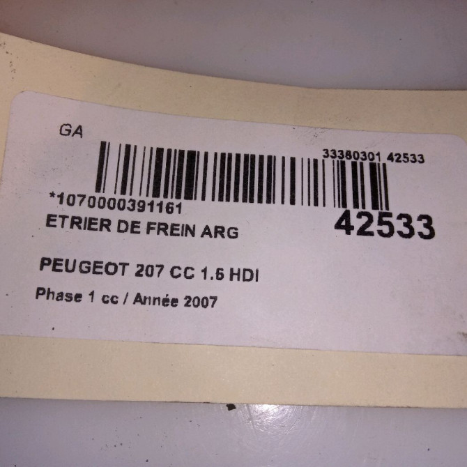 Etrier de frein arrière gauche occasion PEUGEOT 207 CC Phase 1 03-2007->... 1.6 HDI 112ch 4400T0 4