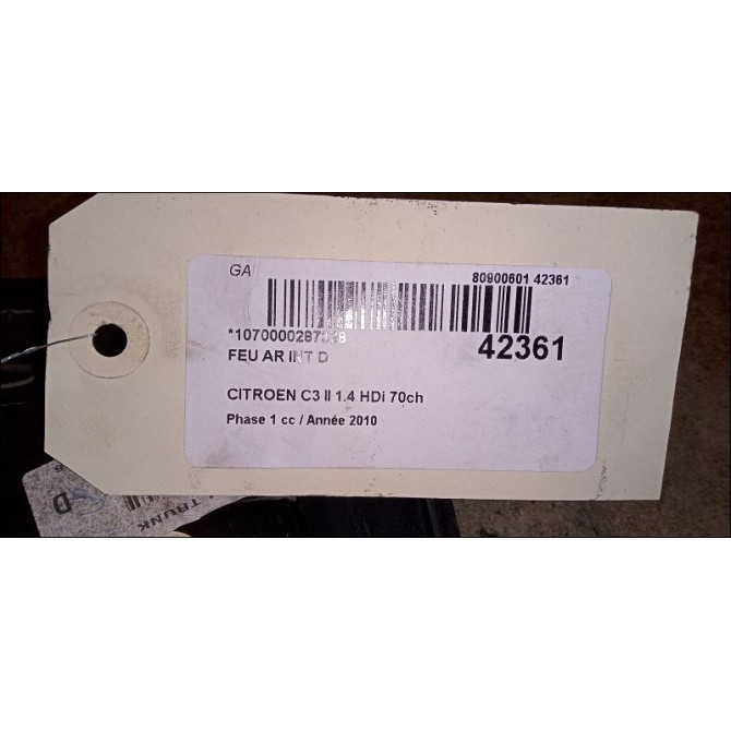 Feu arrière intérieur droit occasion CITROEN C3 II Phase 1 11-2009->02-2013 1.4 HDi 70ch 6351JC 3