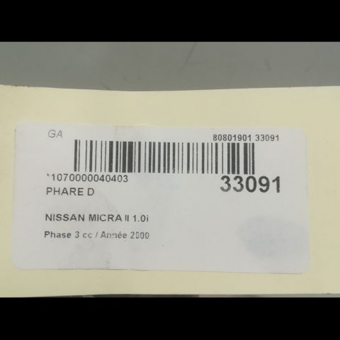 Phare droit occasion NISSAN MICRA II Phase 3 04-1998->12-2000 1.0i B60106F620 3