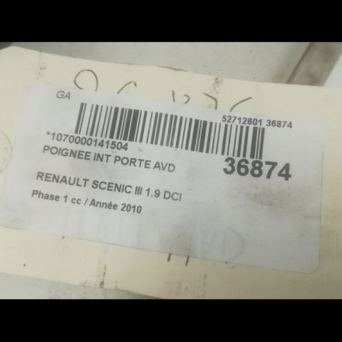 Poignee int porte avd occasion RENAULT SCENIC III Phase 1 04-2009->11-2011 1.9 DCI 130ch 826720001R 3