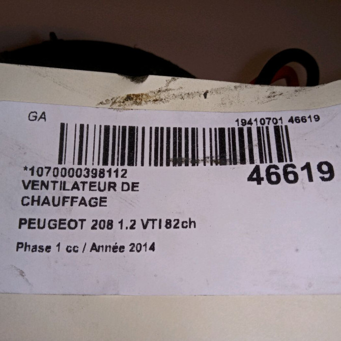 Ventilateur de chauffage occasion PEUGEOT 208 208 Phase 1 2012-03-01->2015-09-30 1.2 VTI 82ch 5