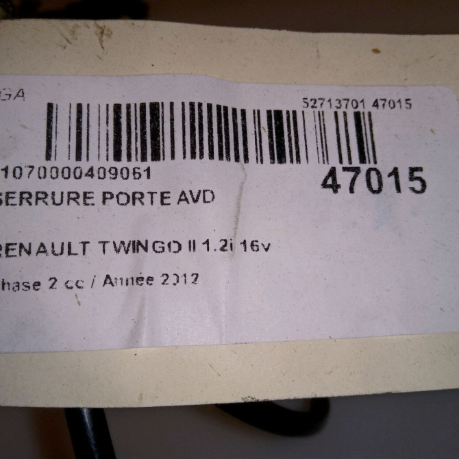 Serrure porte avd occasion RENAULT TWINGO II Phase 2 12-2011->12-2014 1.2i 16v 75ch 5