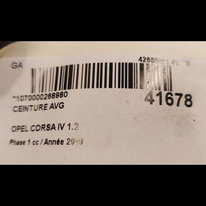 Ceinture avant gauche occasion OPEL CORSA IV Phase 1 09-2006->12-2010 1.2 TWINPORT 80ch 13290224 4