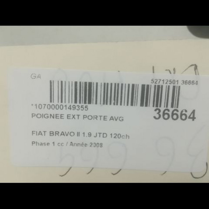 Poignee ext porte avg occasion FIAT BRAVO II BRAVO II Phase 1 2007-03-01->2011-12-31 1.9 JTD 120ch 735453938 3