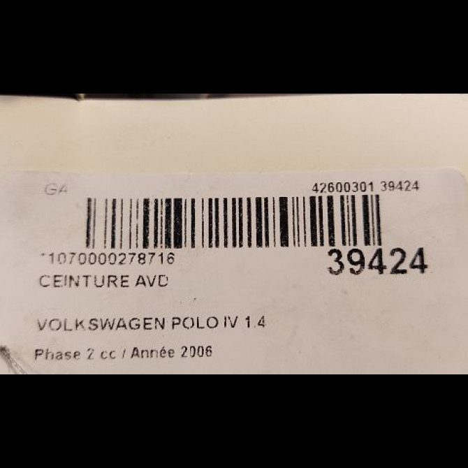 Ceinture avant droite occasion VOLKSWAGEN POLO IV Phase 2 05-2005->09-2009 1.4 TDI 70ch 6Q3857706JTTM 5