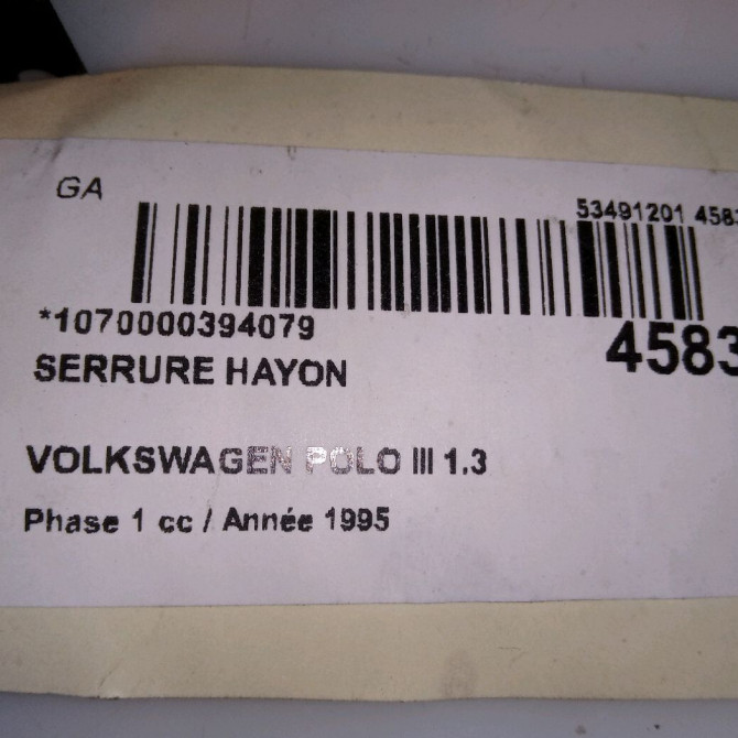 Serrure hayon occasion VOLKSWAGEN POLO III Phase 1 10-1994->11-1999 1.3 6N0827505A 4