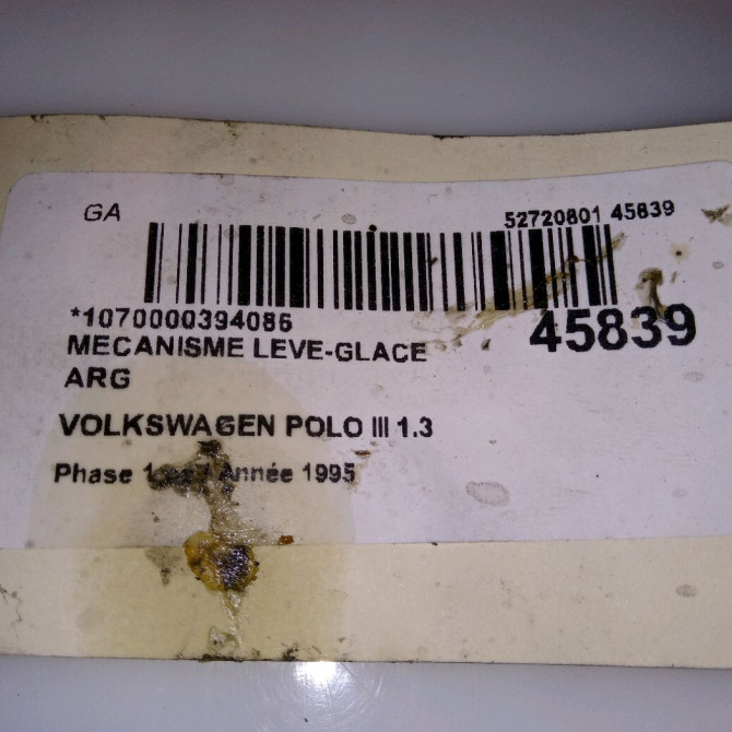 Mecanisme leve-glace arrière gauche occasion VOLKSWAGEN POLO III Phase 1 10-1994->11-1999 1.3 6N4839401 4