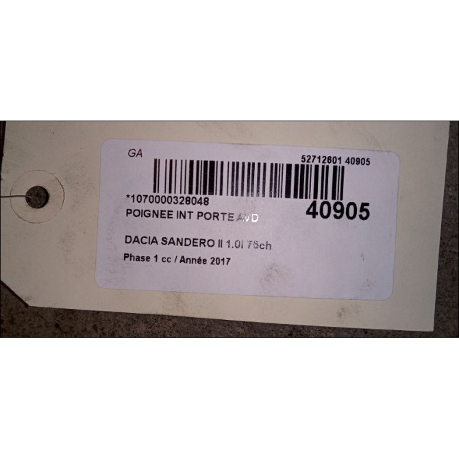 Poignee int porte avd occasion DACIA SANDERO II Phase 1 10-2012->... 1.0i 75ch 826721919R 3