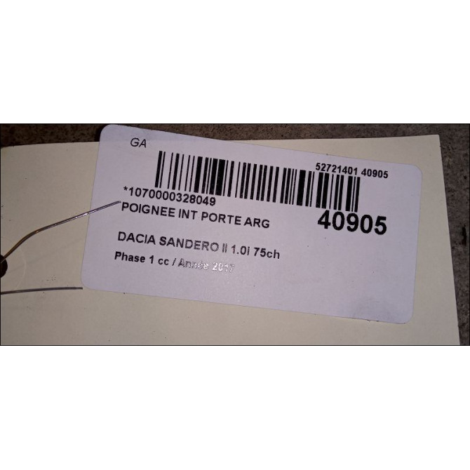 Poignee int porte arg occasion DACIA SANDERO II Phase 1 10-2012->... 1.0i 75ch 806717698R 3