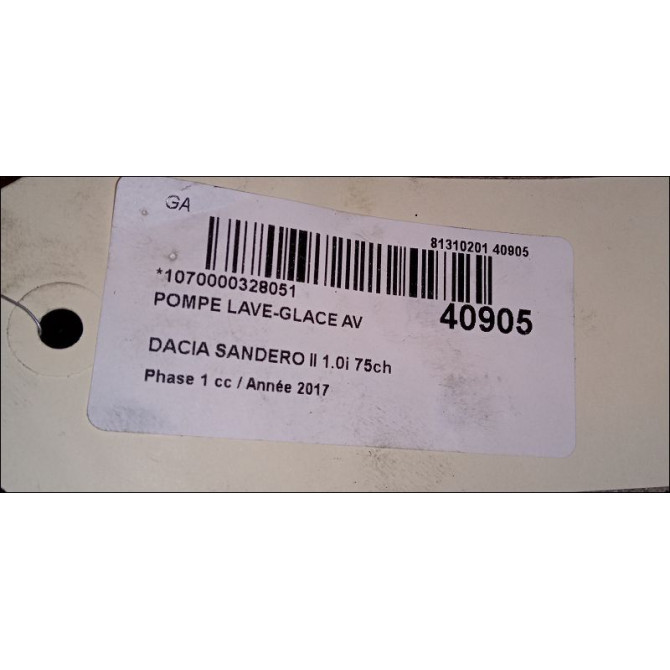 Pompe lave-glace avant occasion DACIA SANDERO II Phase 1 10-2012->... 1.0i 75ch 286200851R 2