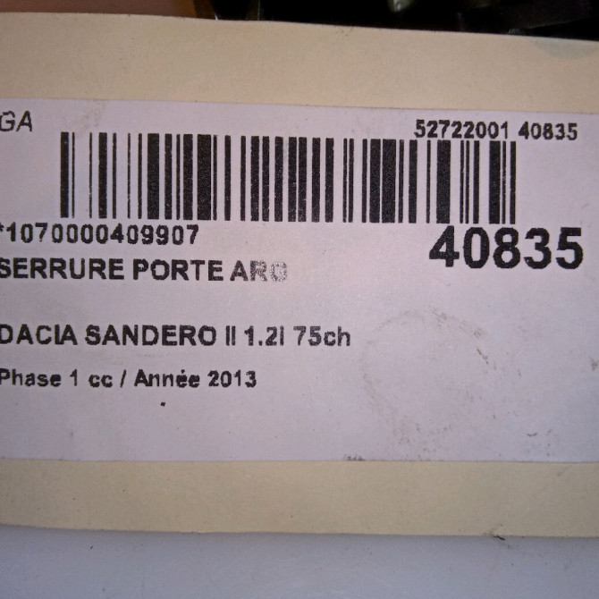 Serrure porte arg occasion DACIA SANDERO II Phase 1 10-2012->... 1.2i 75ch 825034213R 5
