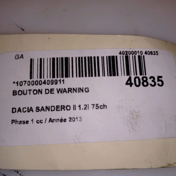 Bouton de warning occasion DACIA SANDERO II Phase 1 10-2012->... 1.2i 75ch 252908988R 5