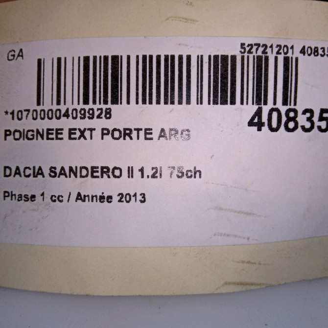 Poignee ext porte arg occasion DACIA SANDERO II Phase 1 10-2012->... 1.2i 75ch 806070421R 4