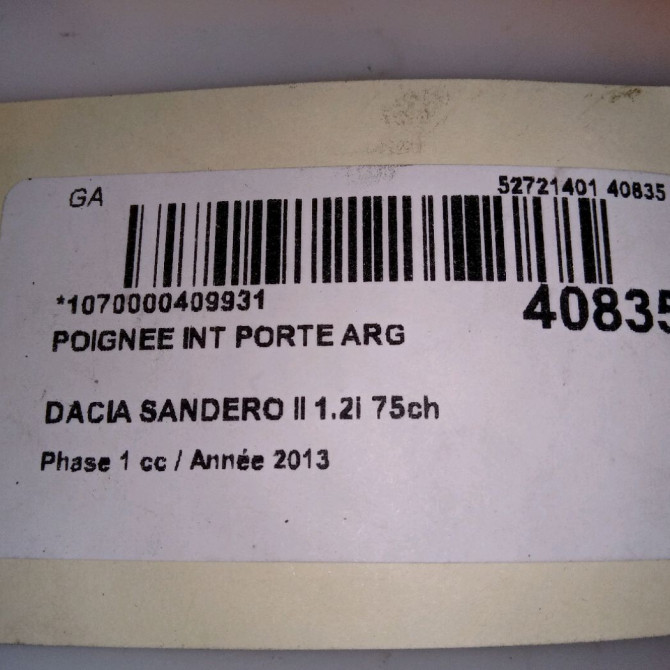 Poignee int porte arg occasion DACIA SANDERO II Phase 1 10-2012->... 1.2i 75ch 806717698R 4