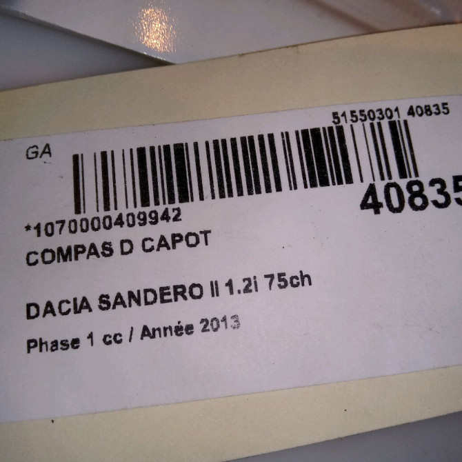 Compas d capot occasion DACIA SANDERO II Phase 1 10-2012->... 1.2i 75ch 654009401R 4