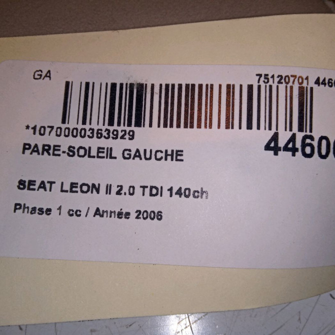 Pare-soleil gauche occasion SEAT LEON II Phase 1 09-2005->05-2009 2.0 TDI 140ch 5P0857551P2F4 4