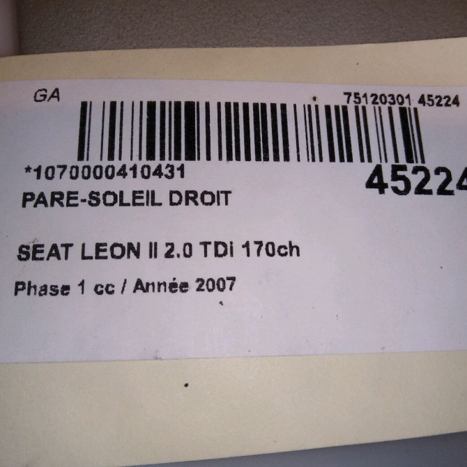 Pare-soleil droit occasion SEAT LEON II Phase 1 09-2005->05-2009 2.0 TDi 170ch 5P0857552T2F4 4