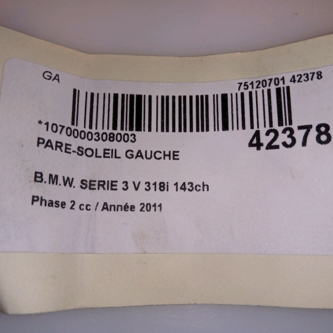 Pare-soleil gauche occasion B.M.W. SERIE 3 V Phase 2 09-2008->12-2011 318i 143ch 51166981651 3