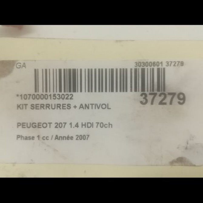 Kit serrures + antivol occasion PEUGEOT 207 Phase 1 04-2006->06-2013 1.4 HDI 70ch 4162NW 4