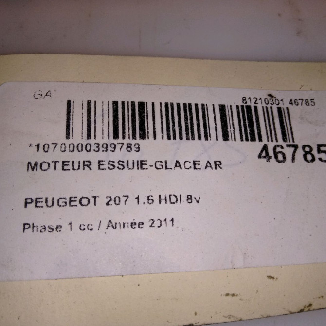 Moteur essuie-glace arrière occasion PEUGEOT 207 Phase 1 04-2006->06-2013 1.6 HDI 8v 92ch 5
